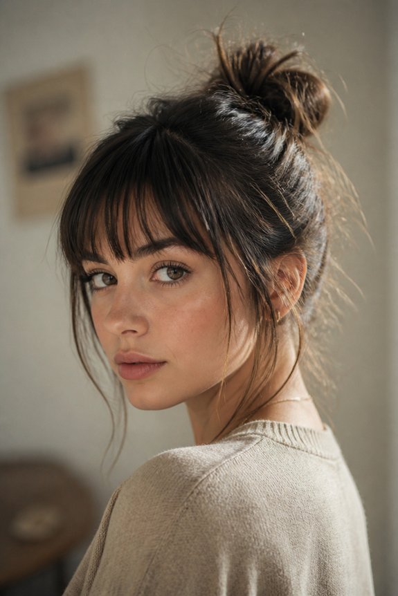 messy bun blunt bangs