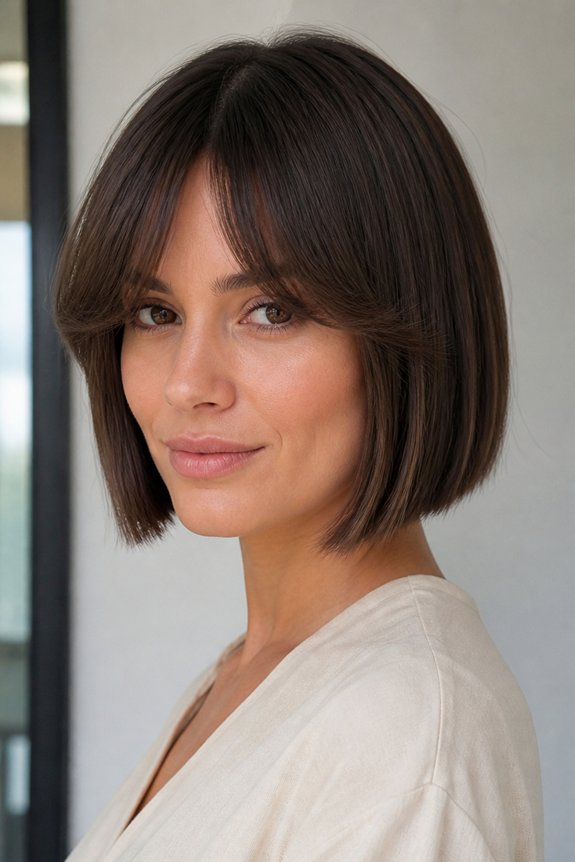 polished bob with feathered bangs