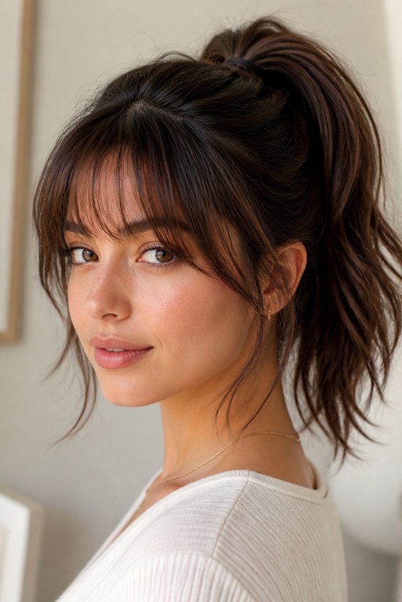 shaggy bangs sleek ponytail