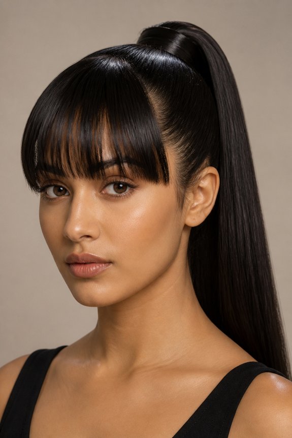 sleek ponytail bold bangs