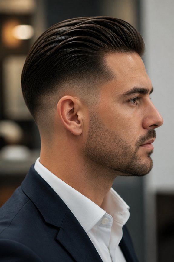 slicked back low fade hairstyle