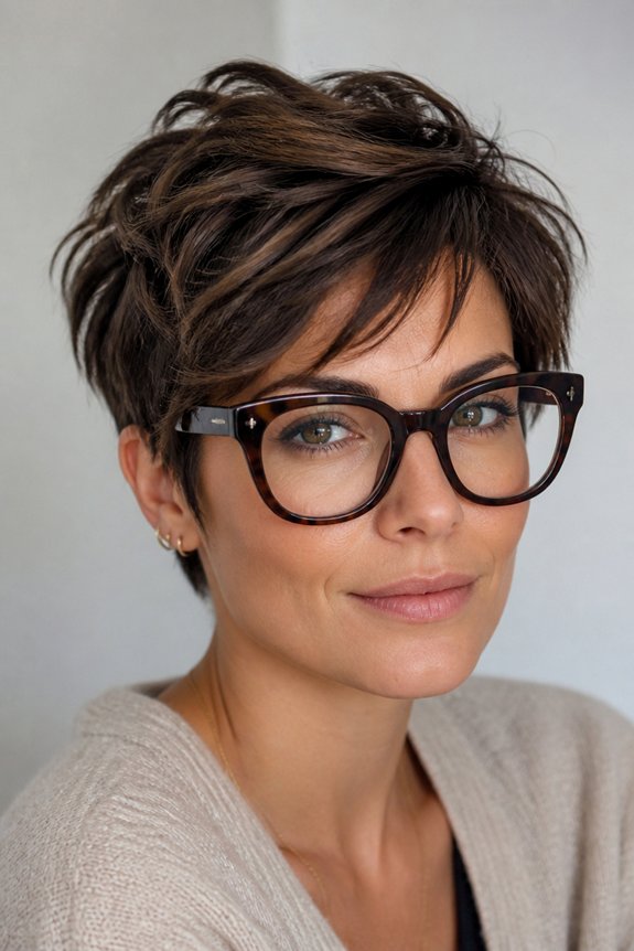 textured pixie with bold eyewear