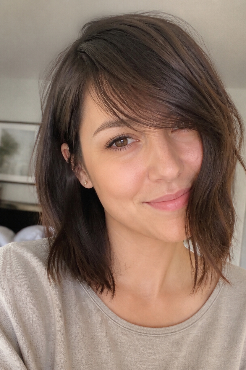 asymmetrical bangs for round faces