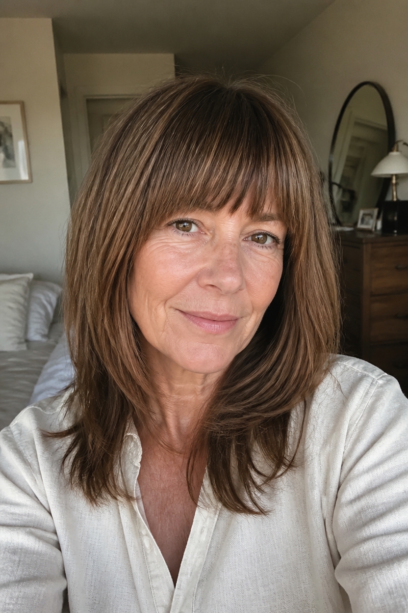 blunt bangs shoulder length layers