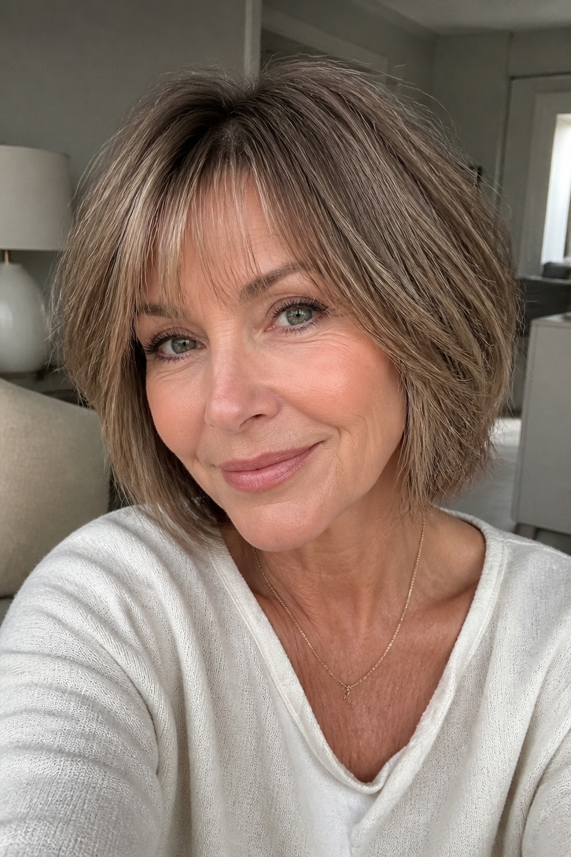 soft bangs layered bob