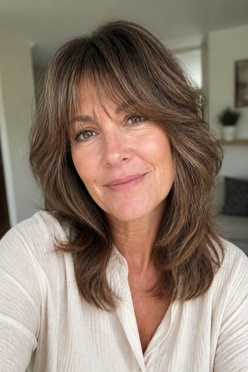 sophisticated arched bangs layers