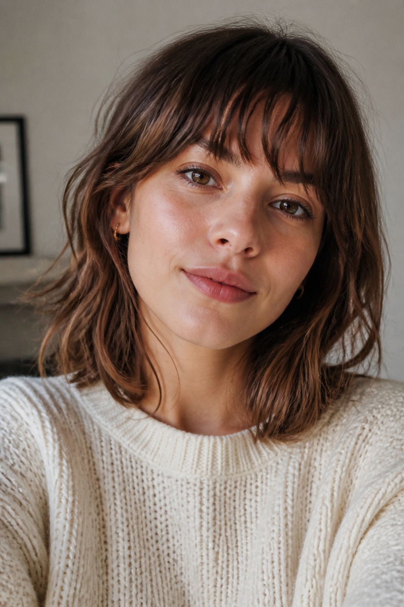 textured bangs for round faces