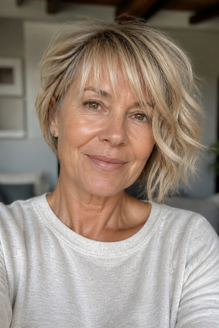 wispy bangs asymmetrical bob
